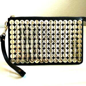 MICHAEL KORS Gold Sequin Black Saffiano Leather Wristlet Wallet MSRP $150